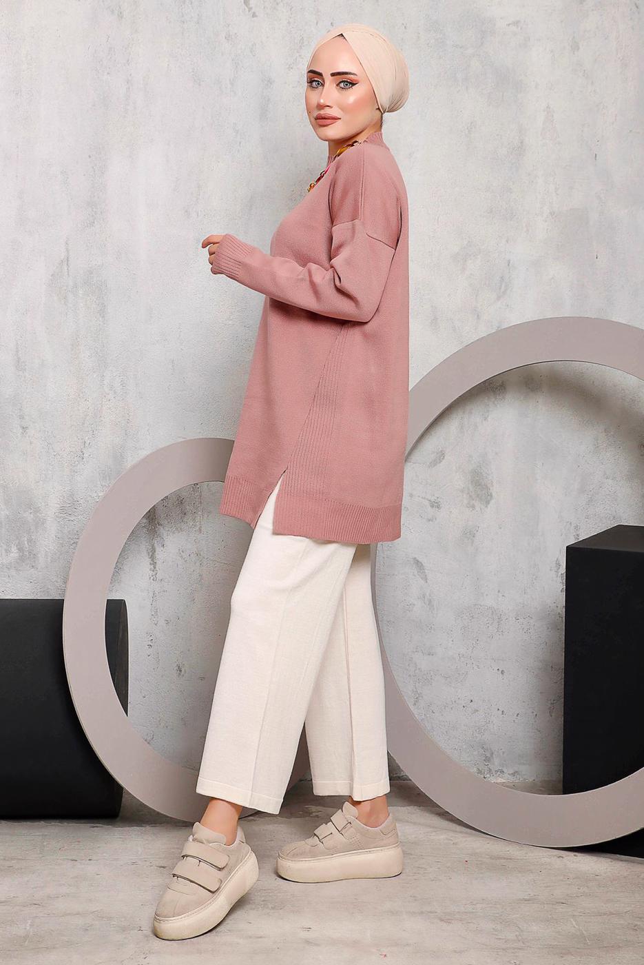 Tesettür giyim PUDRA ÖNÜ ZİNCİR DETAYLI TRİKO TUNİK 8592	