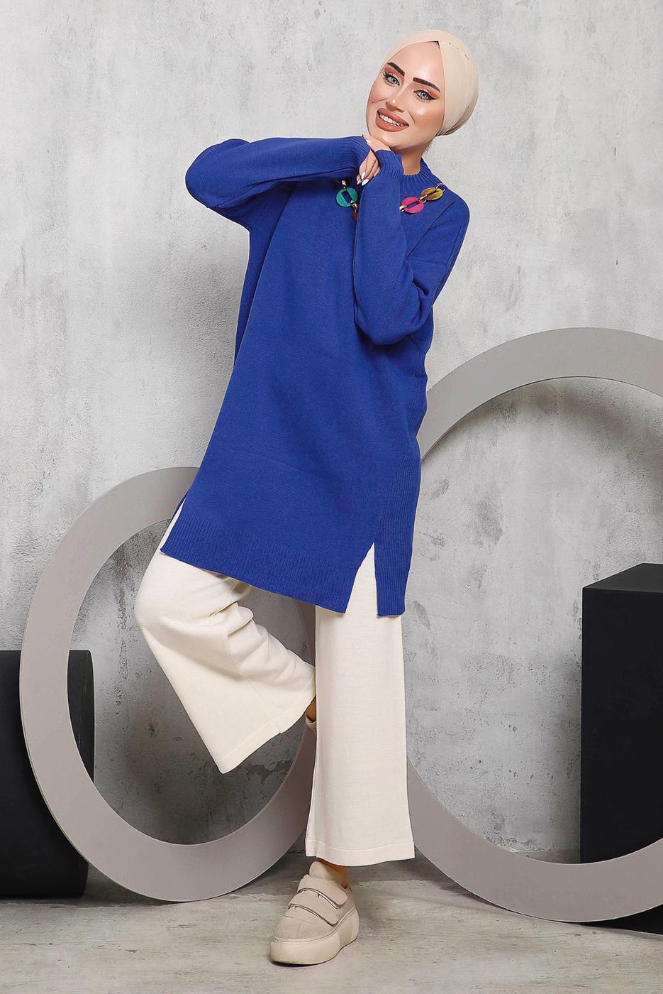 Tesettür giyim LACİVERT ÖNÜ ZİNCİR DETAYLI TRİKO TUNİK 8592	