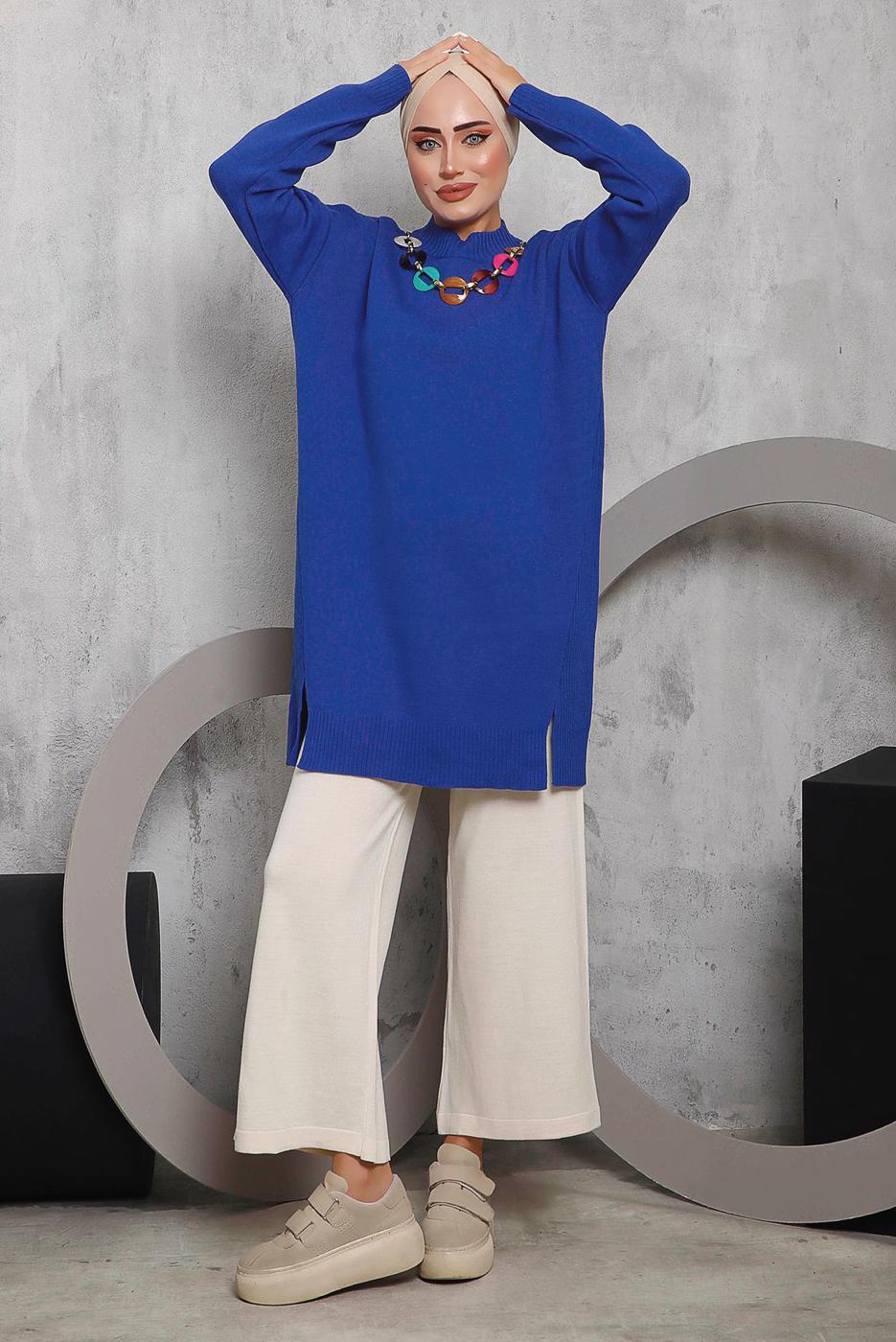 Tesettür giyim LACİVERT ÖNÜ ZİNCİR DETAYLI TRİKO TUNİK 8592	