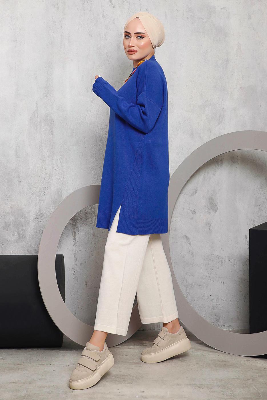 Tesettür giyim LACİVERT ÖNÜ ZİNCİR DETAYLI TRİKO TUNİK 8592	