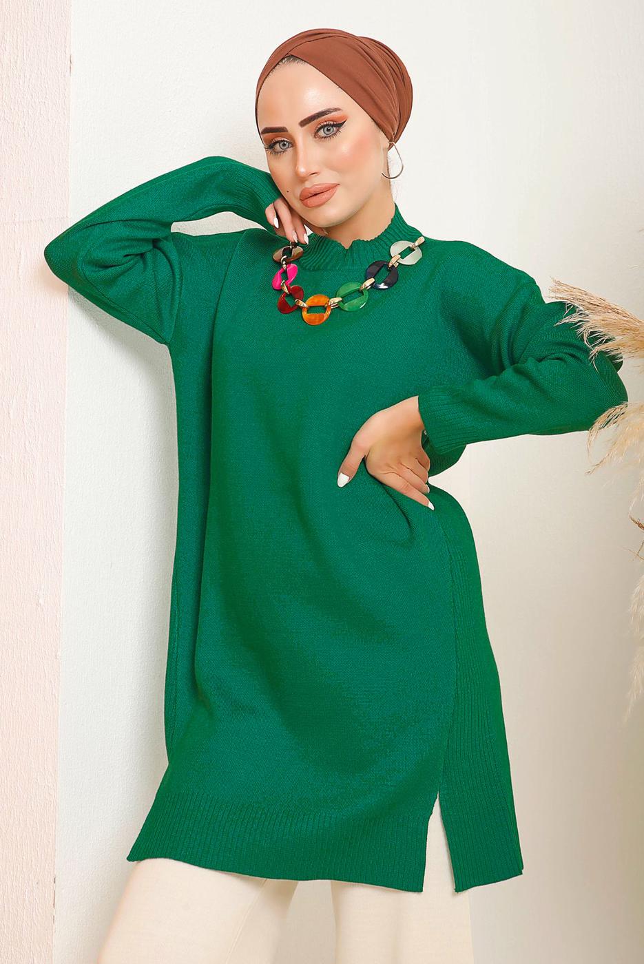 Tesettür giyim YEŞİL ÖNÜ ZİNCİR DETAYLI TRİKO TUNİK 8592	