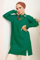 Tesettür giyim YEŞİL ÖNÜ ZİNCİR DETAYLI TRİKO TUNİK 8592	