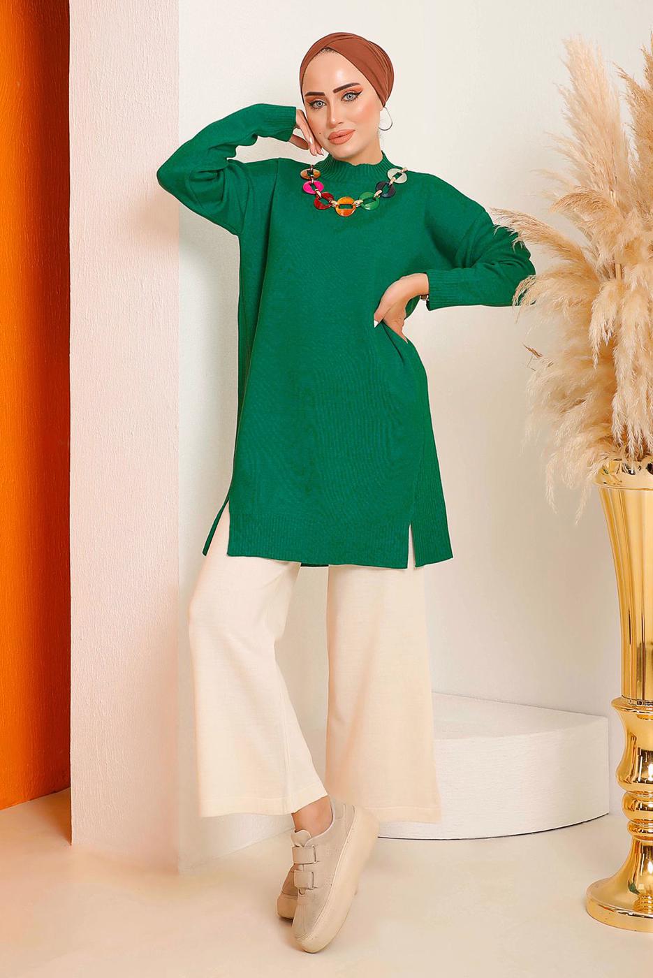 Tesettür giyim YEŞİL ÖNÜ ZİNCİR DETAYLI TRİKO TUNİK 8592	