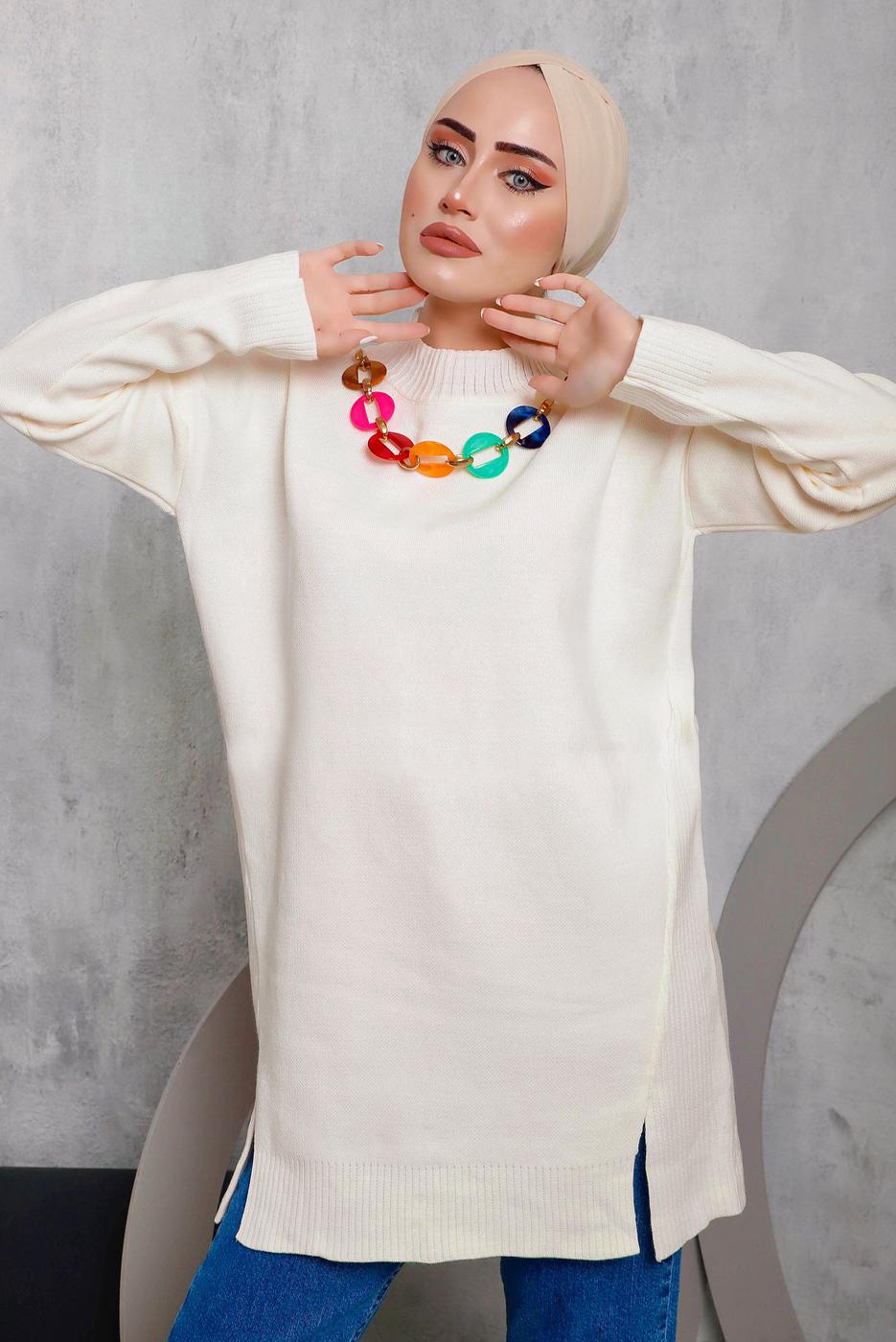 Tesettür giyim EKRU ÖNÜ ZİNCİR DETAYLI TRİKO TUNİK 8592	