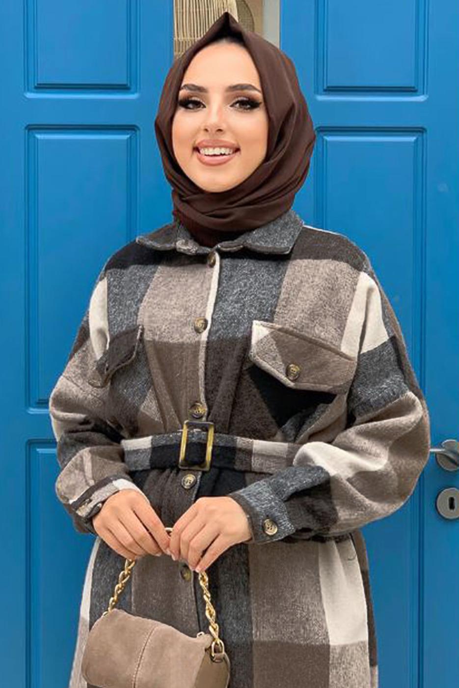 Tesettür giyim SİYAH EKOSE KUŞAKLI ODUNCU GÖMLEK 8762 