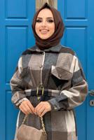 Tesettür giyim SİYAH EKOSE KUŞAKLI ODUNCU GÖMLEK 8762 