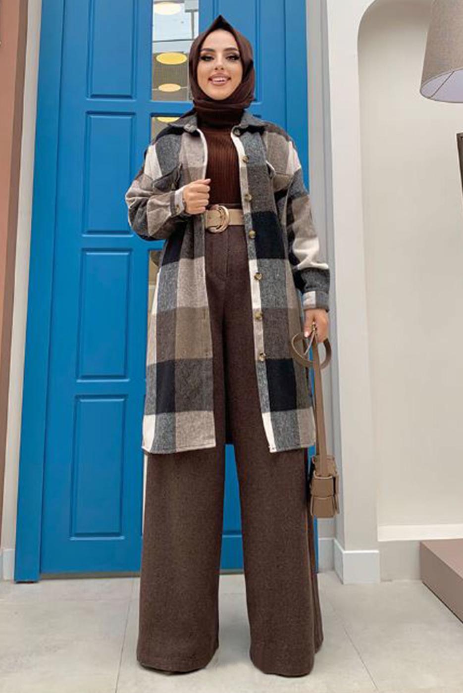 Tesettür giyim SİYAH EKOSE KUŞAKLI ODUNCU GÖMLEK 8762 