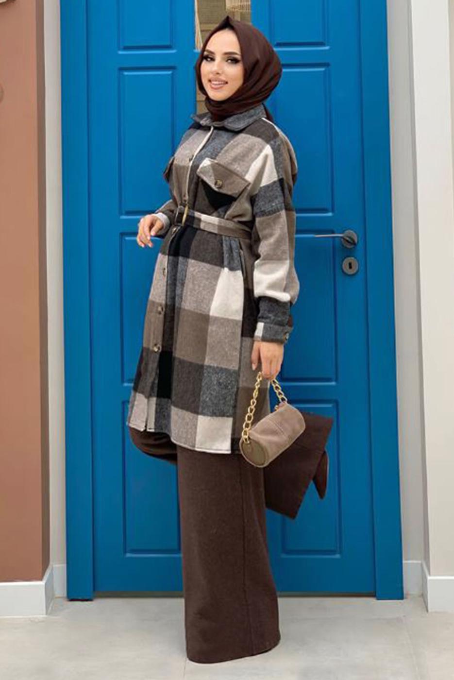 Tesettür giyim SİYAH EKOSE KUŞAKLI ODUNCU GÖMLEK 8762 