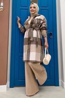 Tesettür giyim VİZON EKOSE KUŞAKLI ODUNCU GÖMLEK 8762 