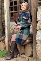 Tesettür giyim YEŞİL EKOSE KUŞAKLI ODUNCU GÖMLEK 8762 