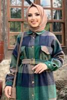 Tesettür giyim YEŞİL EKOSE KUŞAKLI ODUNCU GÖMLEK 8762 