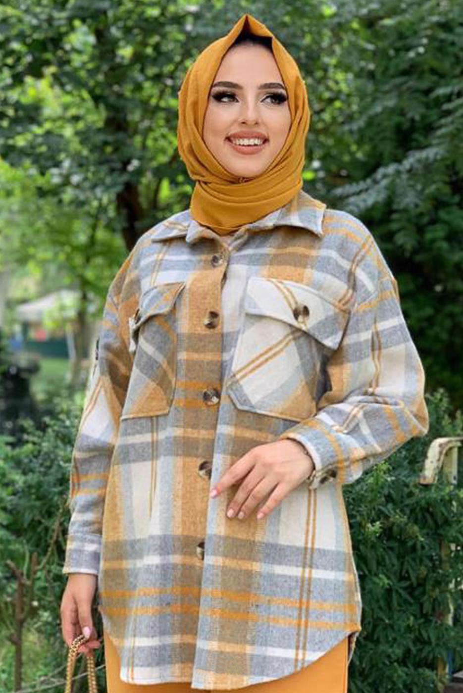 Tesettür giyim TURUNCU EKOSE ODUNCU GÖMLEK 9035 