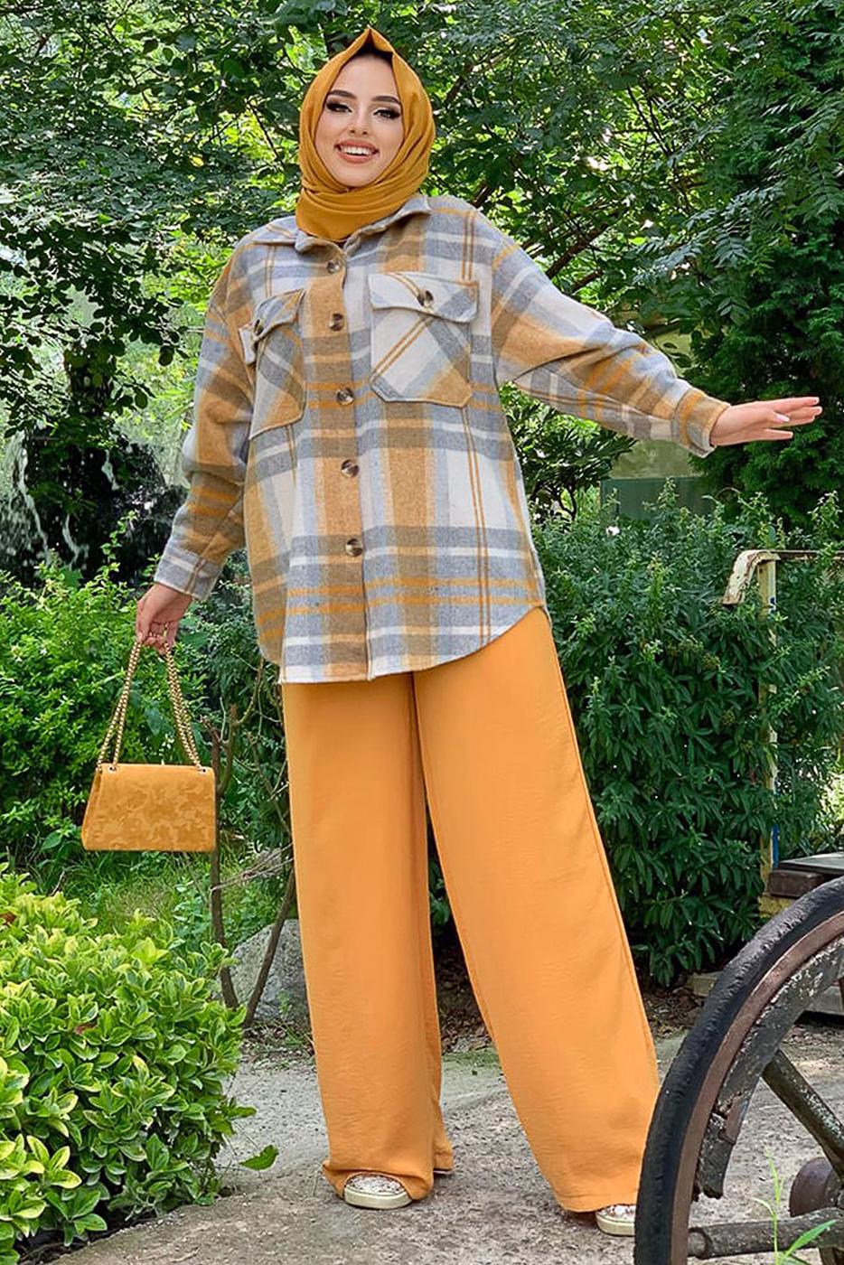 Tesettür giyim TURUNCU EKOSE ODUNCU GÖMLEK 9035 