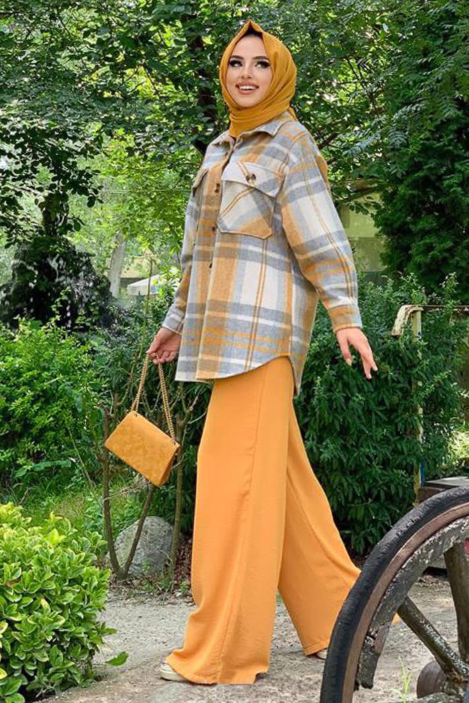Tesettür giyim TURUNCU EKOSE ODUNCU GÖMLEK 9035 