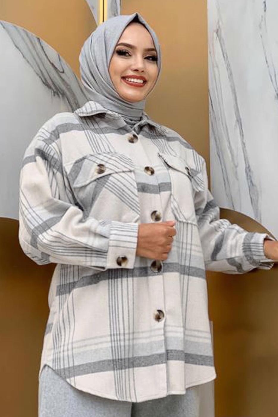 Tesettür giyim GRİ EKOSE ODUNCU GÖMLEK 9035 