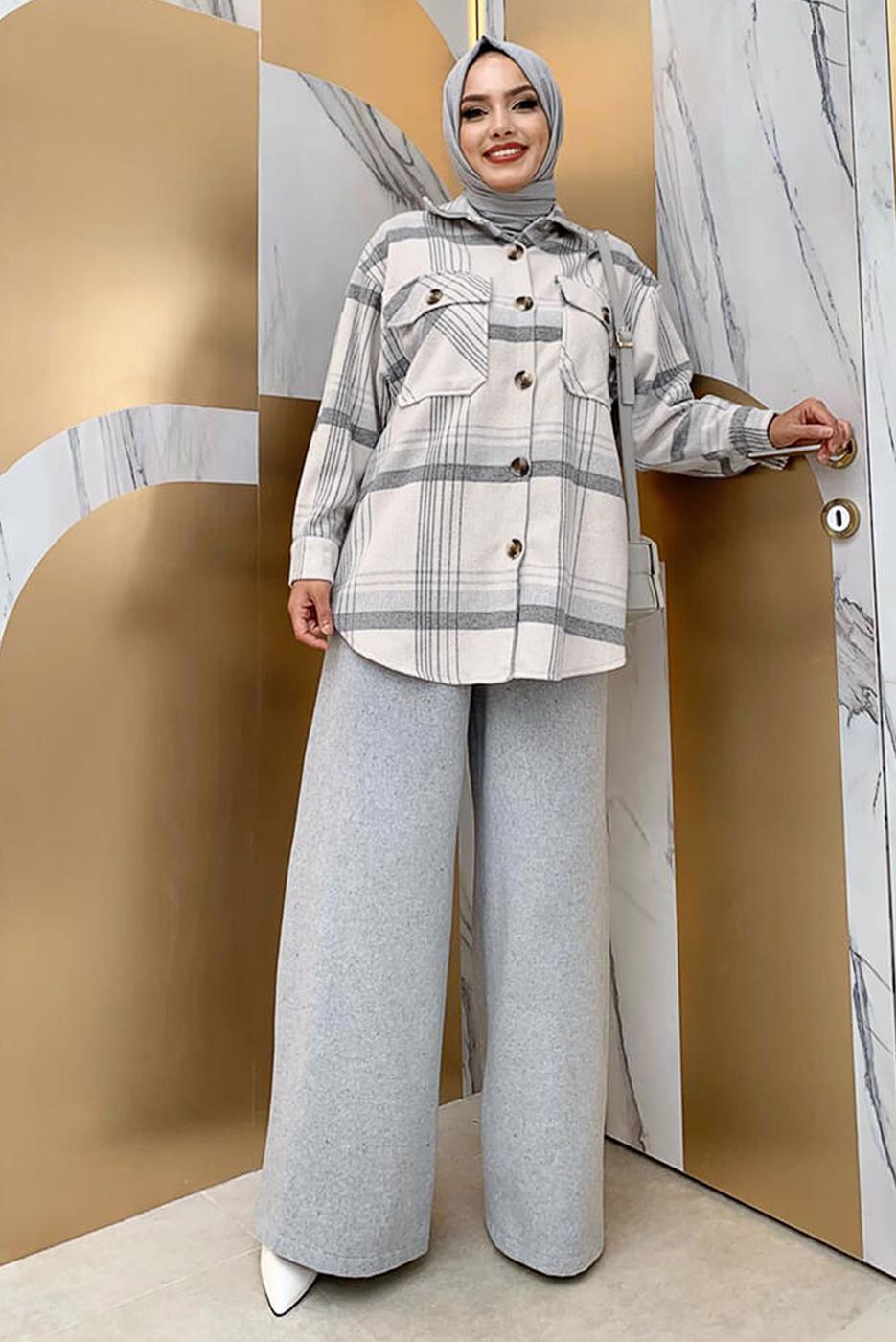 Tesettür giyim GRİ EKOSE ODUNCU GÖMLEK 9035 
