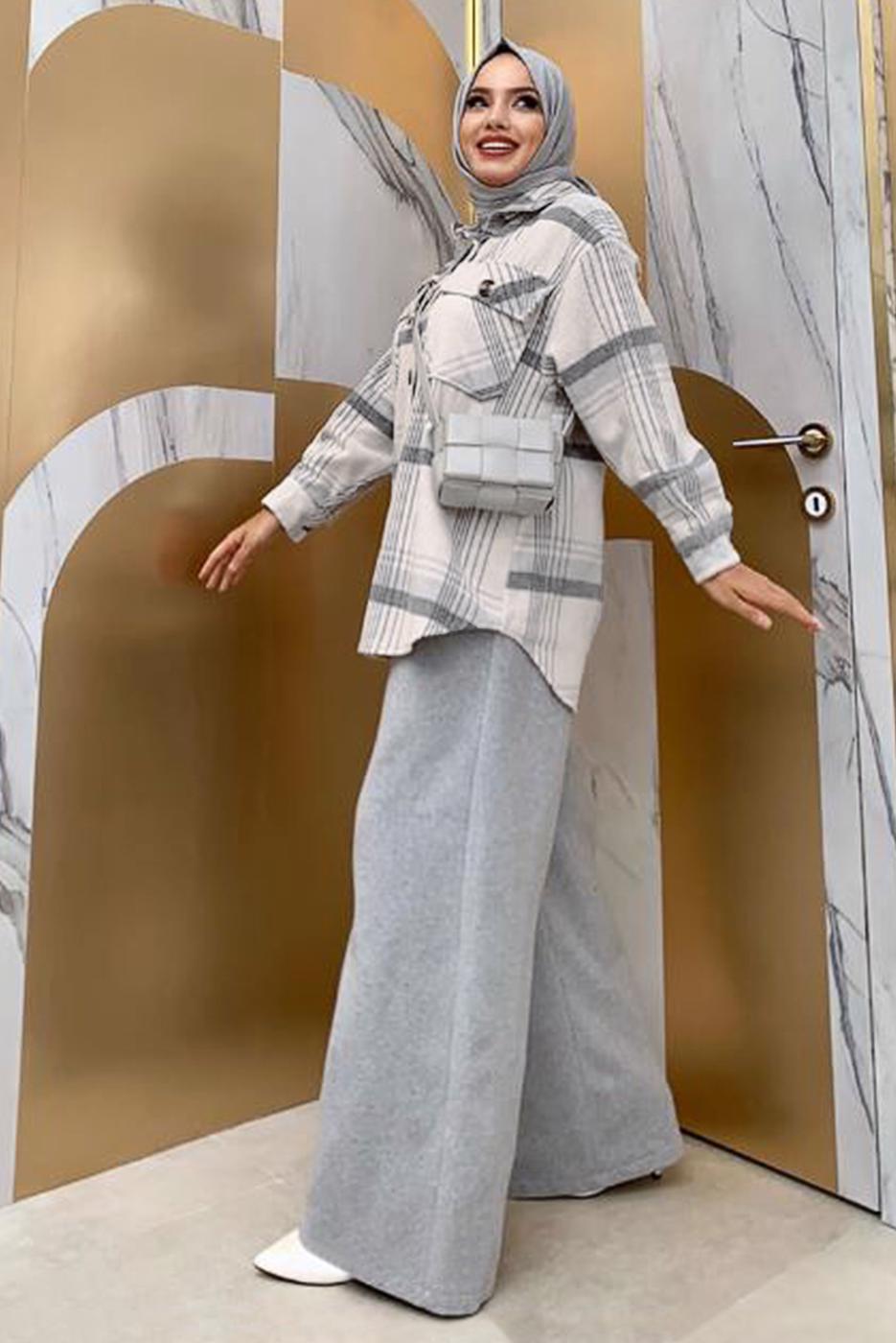 Tesettür giyim GRİ EKOSE ODUNCU GÖMLEK 9035 