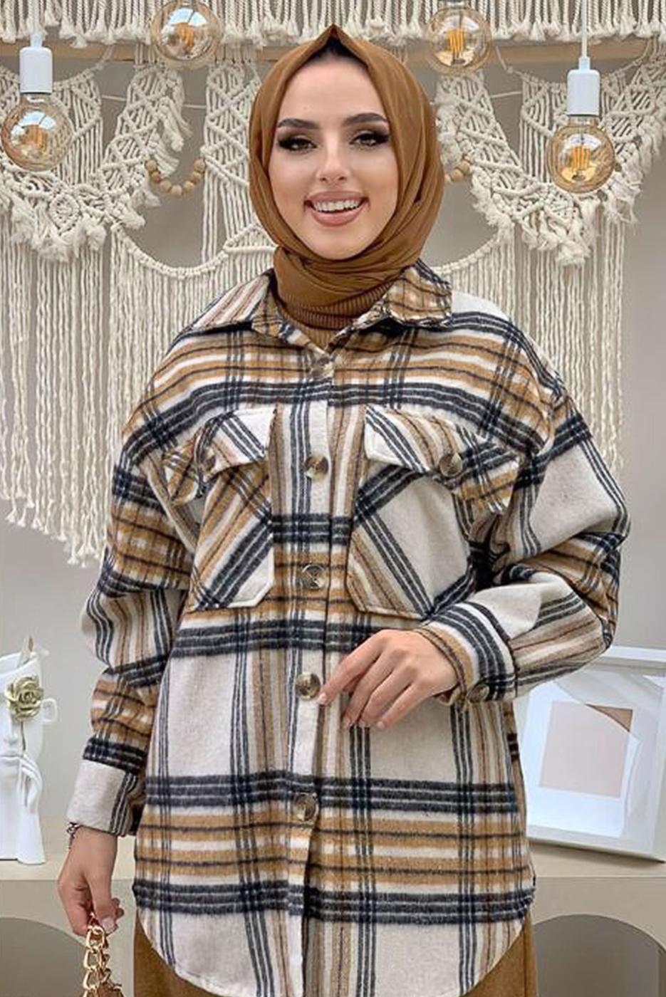 Tesettür giyim BEJ EKOSE ODUNCU GÖMLEK 9035 