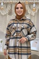 Tesettür giyim BEJ EKOSE ODUNCU GÖMLEK 9035 