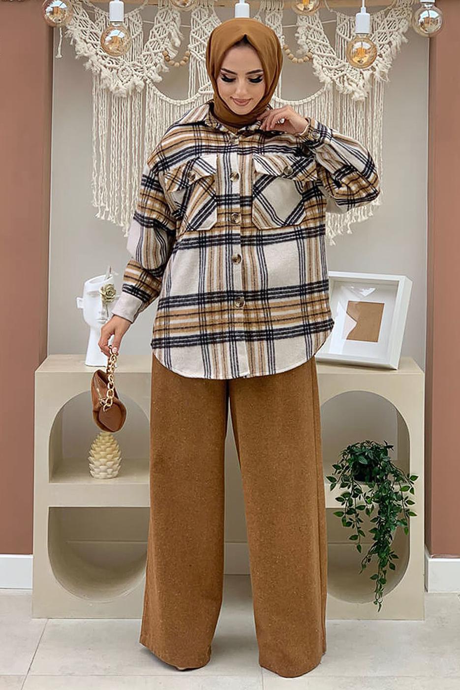 Tesettür giyim BEJ EKOSE ODUNCU GÖMLEK 9035 