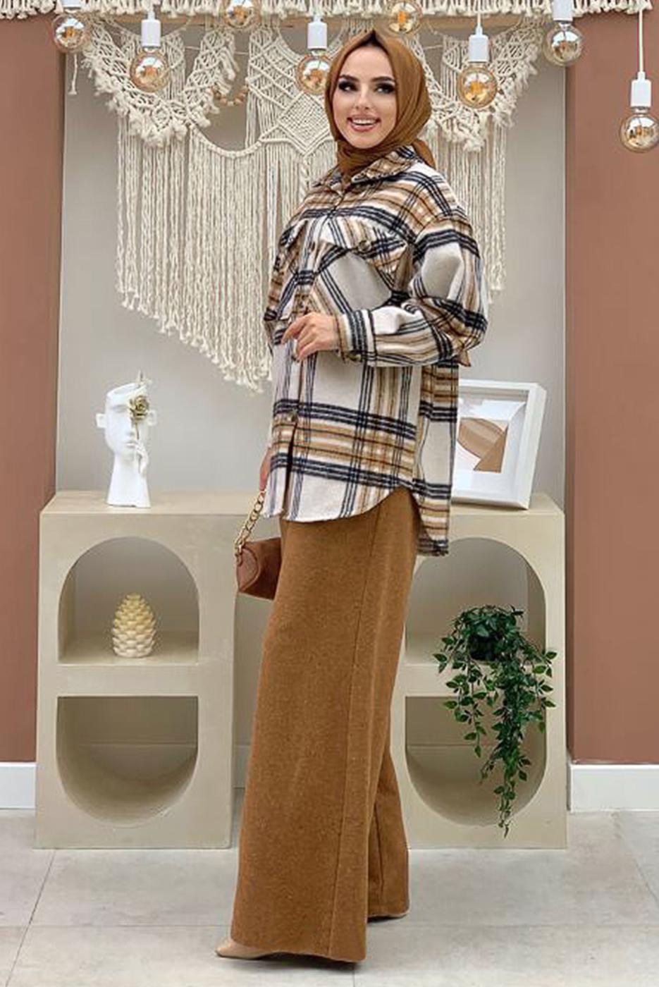 Tesettür giyim BEJ EKOSE ODUNCU GÖMLEK 9035 