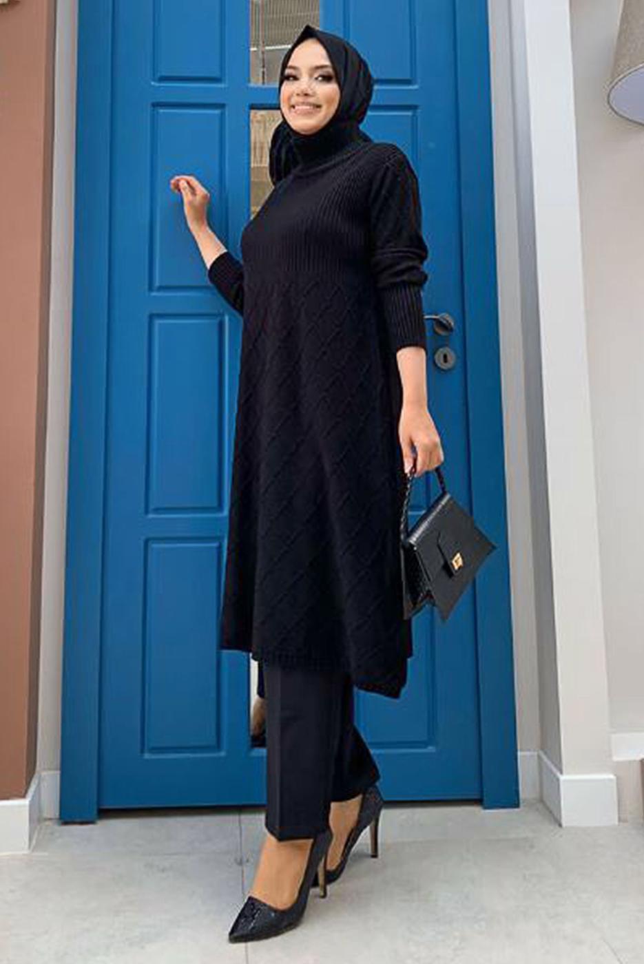 Tesettür giyim SİYAH BAKLAVA DESENLİ TRİKO TUNİK 91102	