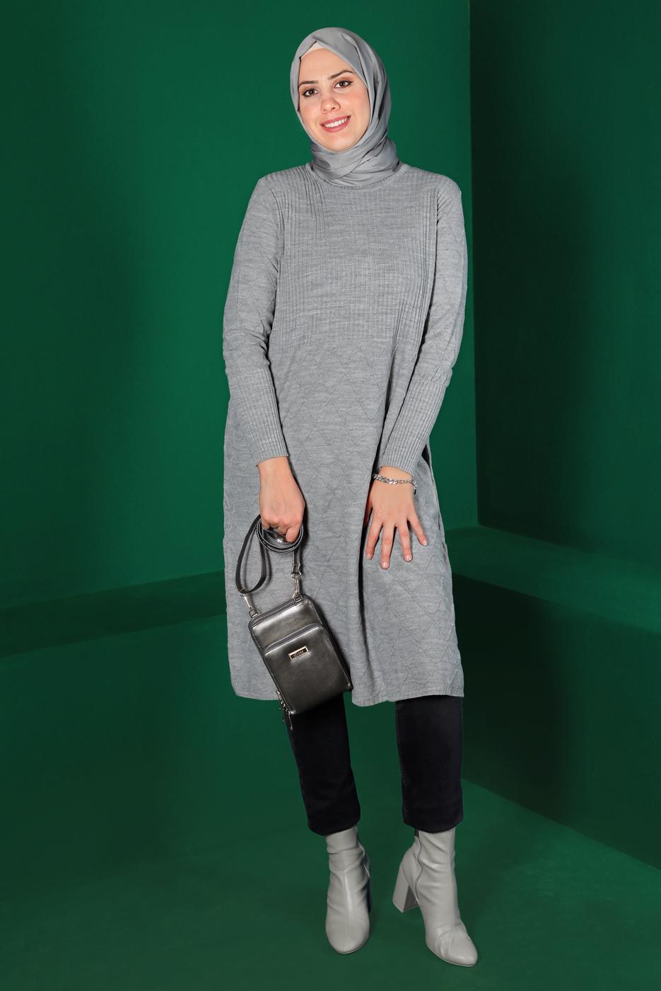 Tesettür giyim GRİ BAKLAVA DESENLİ TRİKO TUNİK 91102	