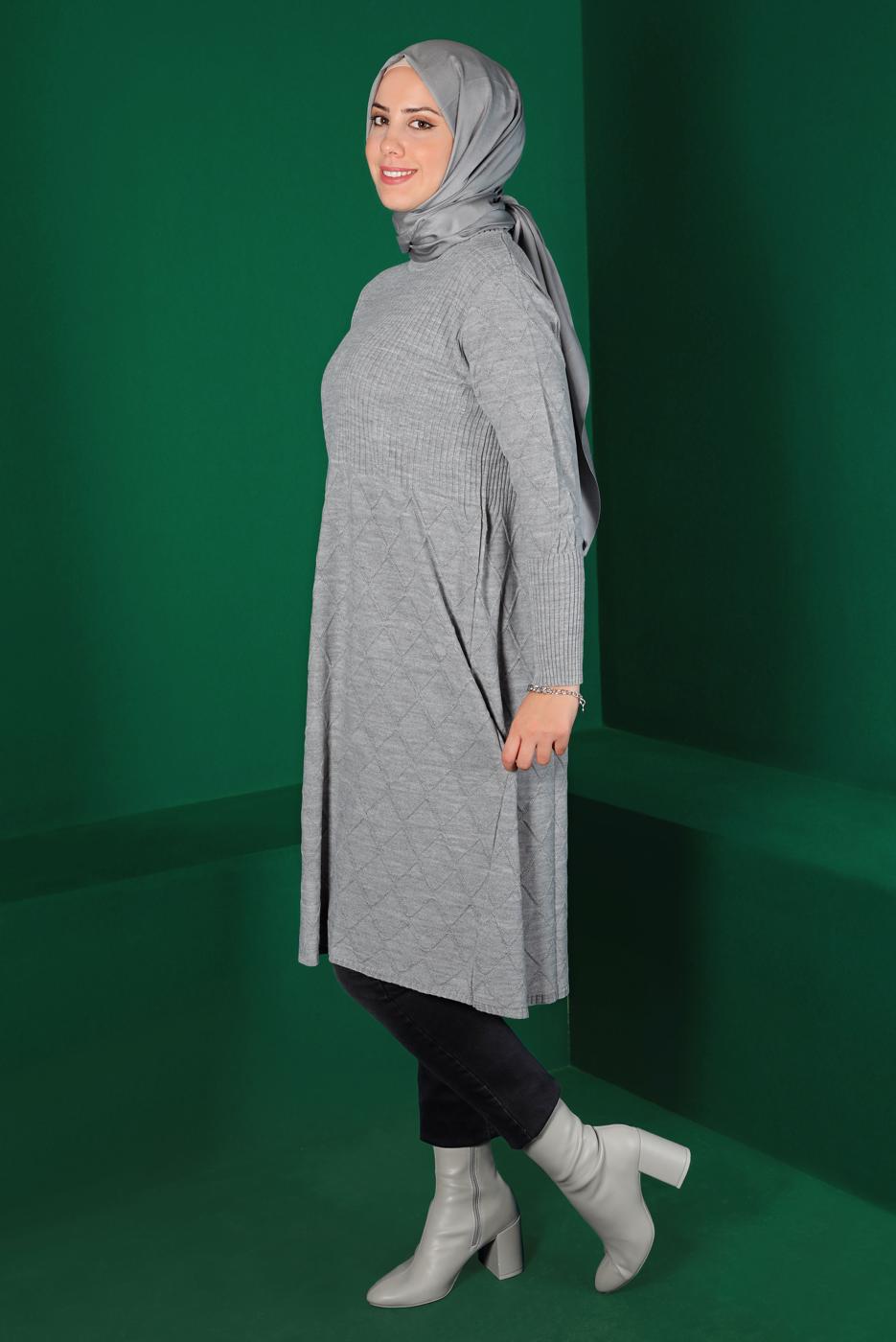 Tesettür giyim GRİ BAKLAVA DESENLİ TRİKO TUNİK 91102	