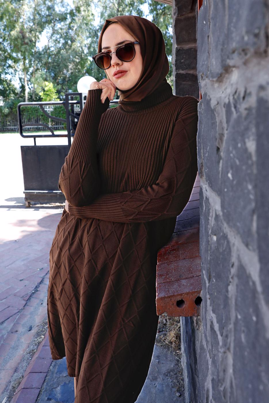 Tesettür giyim KAHVE BAKLAVA DESENLİ TRİKO TUNİK 91102	