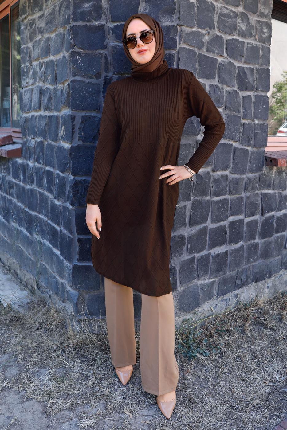 Tesettür giyim KAHVE BAKLAVA DESENLİ TRİKO TUNİK 91102	
