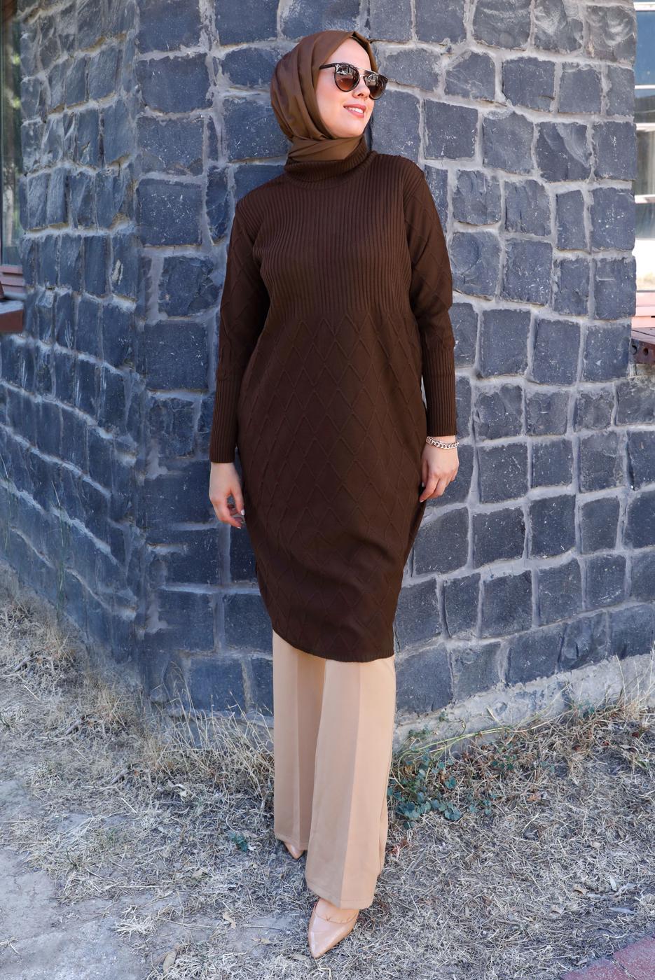 Tesettür giyim KAHVE BAKLAVA DESENLİ TRİKO TUNİK 91102	