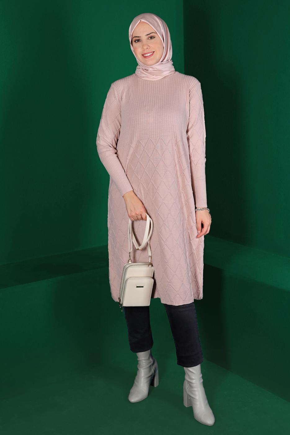 Tesettür giyim PUDRA BAKLAVA DESENLİ TRİKO TUNİK 91102	