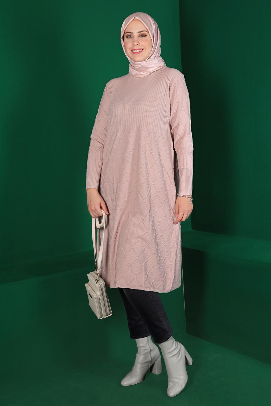 Tesettür giyim PUDRA BAKLAVA DESENLİ TRİKO TUNİK 91102	