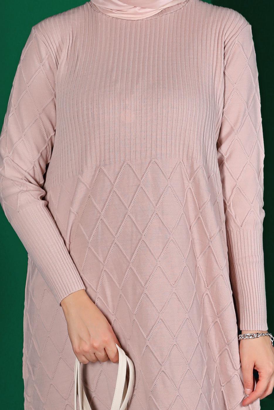 Tesettür giyim PUDRA BAKLAVA DESENLİ TRİKO TUNİK 91102	