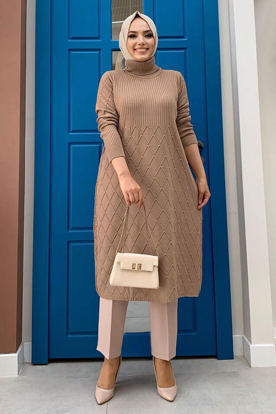 Tesettür giyim TABA BAKLAVA DESENLİ TRİKO TUNİK 91102	