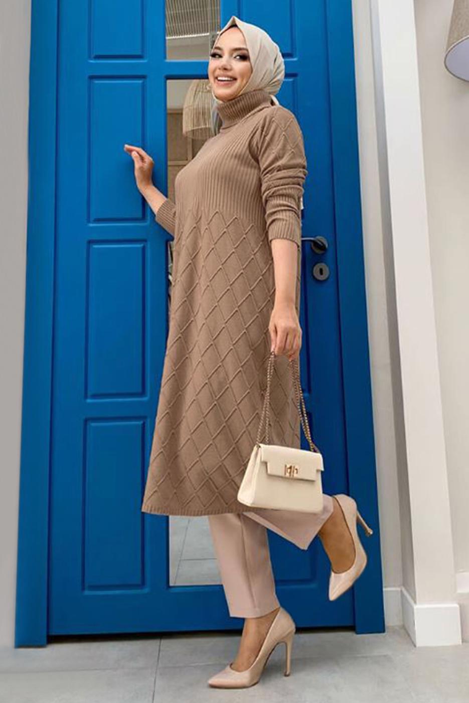 Tesettür giyim TABA BAKLAVA DESENLİ TRİKO TUNİK 91102	