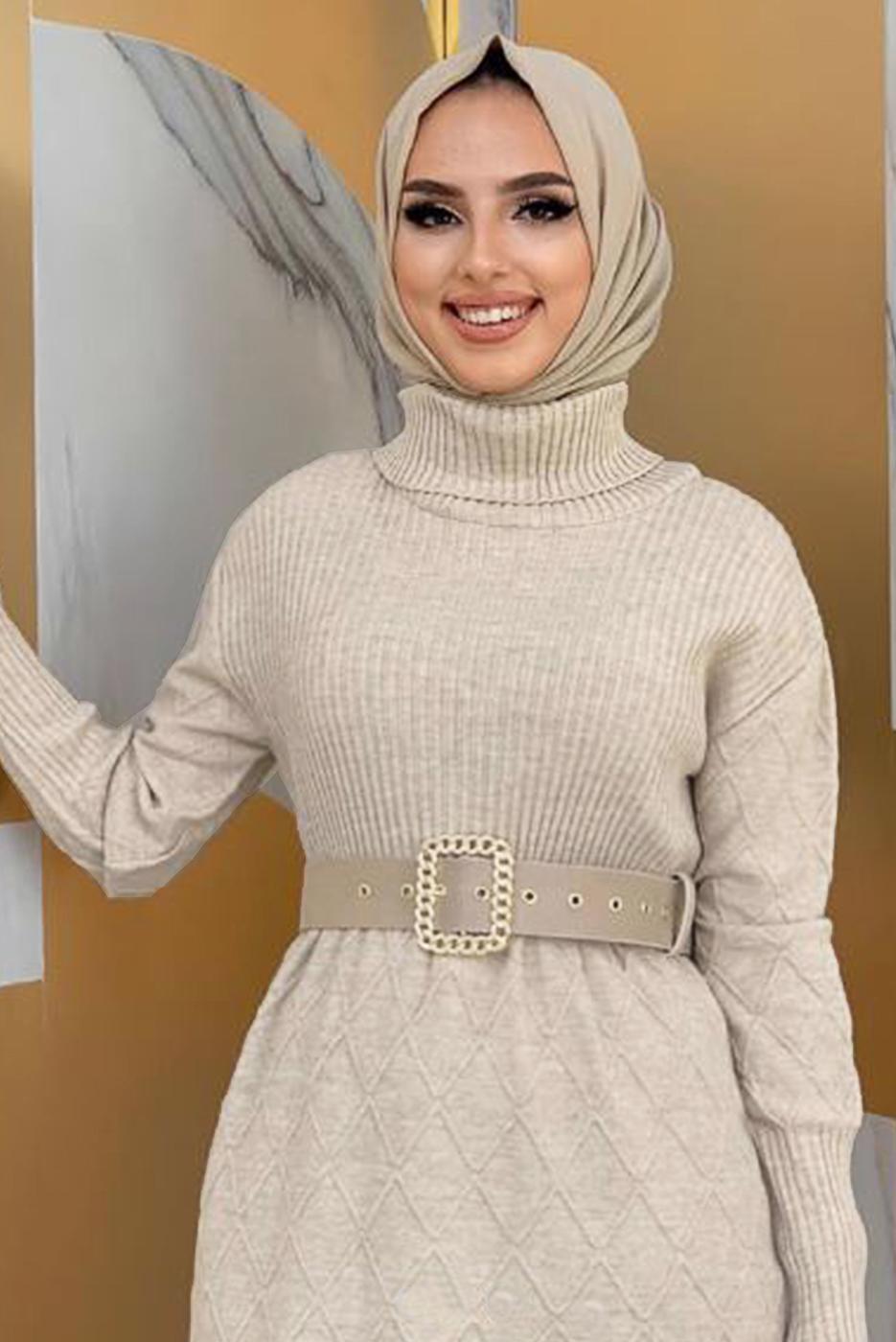 Tesettür giyim BEJ BAKLAVA DESENLİ TRİKO TUNİK 91102	