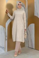 Tesettür giyim BEJ BAKLAVA DESENLİ TRİKO TUNİK 91102	