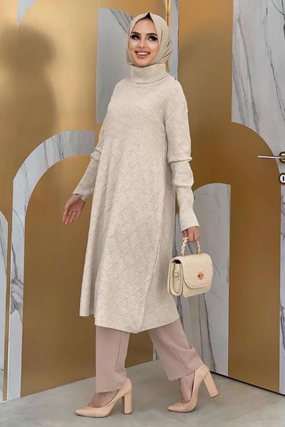 Tesettür giyim BEJ BAKLAVA DESENLİ TRİKO TUNİK 91102	