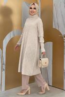 Tesettür giyim BEJ BAKLAVA DESENLİ TRİKO TUNİK 91102	