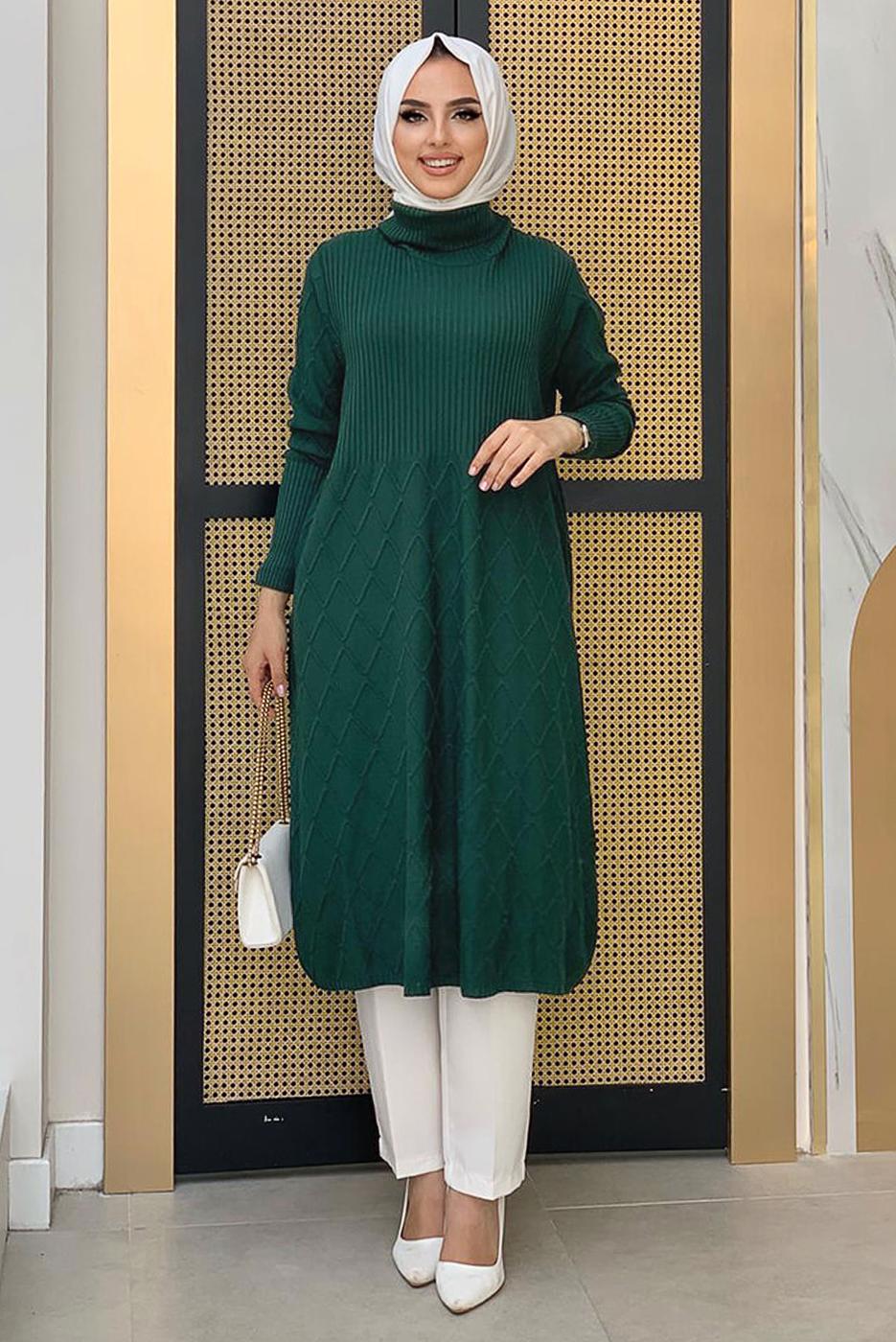 Tesettür giyim YEŞİL BAKLAVA DESENLİ TRİKO TUNİK 91102	