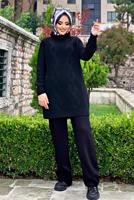 Tesettür giyim SİYAH KENDİNDEN DESENLİ BOĞAZLI YAKA TRİKO TUNİK 91112	