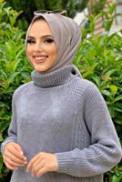 Tesettür giyim GRİ KENDİNDEN DESENLİ BOĞAZLI YAKA TRİKO TUNİK 91112	