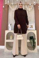 Tesettür giyim KAHVE KENDİNDEN DESENLİ BOĞAZLI YAKA TRİKO TUNİK 91112	