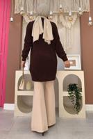 Tesettür giyim KAHVE KENDİNDEN DESENLİ BOĞAZLI YAKA TRİKO TUNİK 91112	