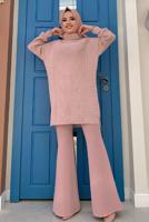 Tesettür giyim PUDRA KENDİNDEN DESENLİ BOĞAZLI YAKA TRİKO TUNİK 91112	