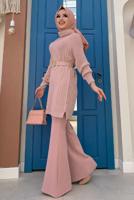 Tesettür giyim PUDRA KENDİNDEN DESENLİ BOĞAZLI YAKA TRİKO TUNİK 91112	