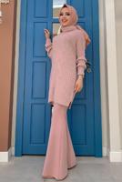 Tesettür giyim PUDRA KENDİNDEN DESENLİ BOĞAZLI YAKA TRİKO TUNİK 91112	