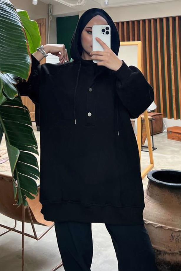 Vêtements hijab NOIR TUNIQUE À CAPUCHE À BOUTONS-PRESSION 9597 - TRENDTESETTÜR