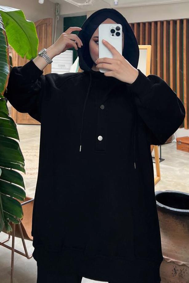 Vêtements hijab NOIR TUNIQUE À CAPUCHE À BOUTONS-PRESSION 9597 - TRENDTESETTÜR